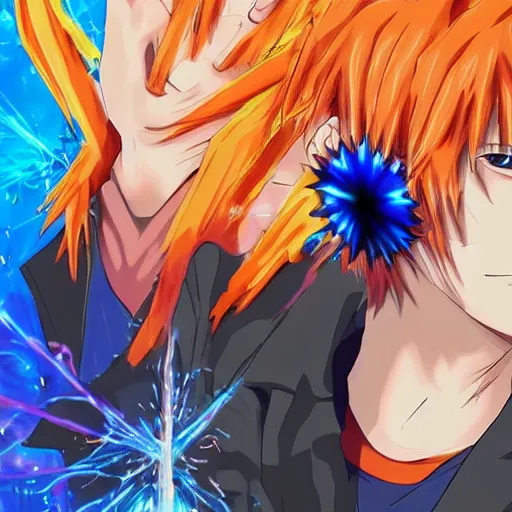 Prompt: orange - haired anime boy, 1 7 - year - old anime boy with wild spiky hair, wearing blue jacket, holding magical technological card, futuristic effects, fractal card, magic card, in front of ramen shop, strong lighting, strong shadows, vivid hues, raytracing, sharp details, subsurface scattering, intricate details, hd anime, 2 0 1 9 anime