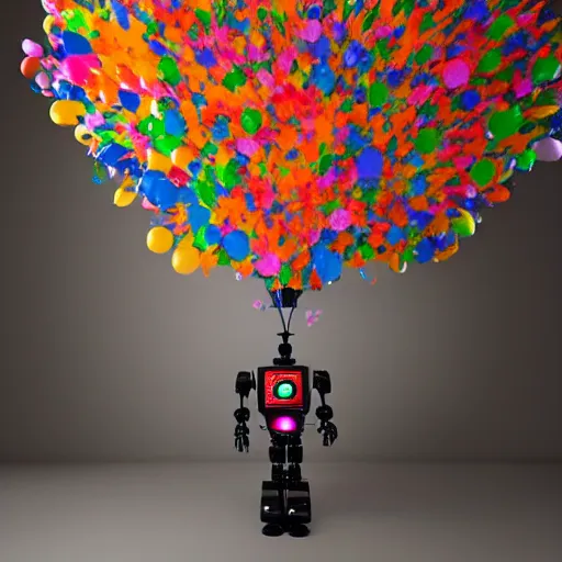 Prompt: robot made of balloons filled with confetti, studio lighting, rim lighting