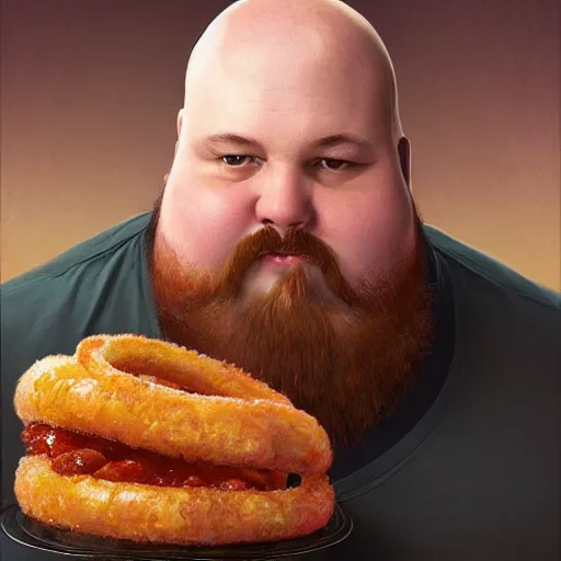 Prompt: Shirtless fat balding man with a big beard, with a tall stack of onion rings in front of him, his body covered in tomato sauce. He is holding a beer. portrait, elegant, intricate, digital painting, artstation, concept art, smooth, sharp focus, illustration, art by artgerm and greg rutkowski and alphonse mucha