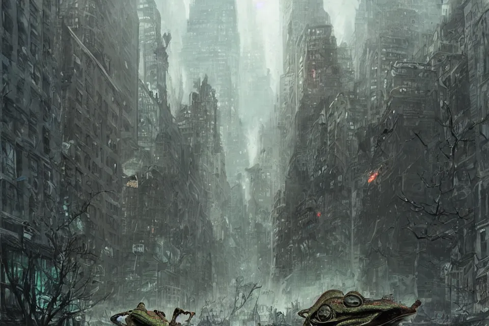 Prompt: apocalyptic frog monster destroys New York, character art by Greg Rutkowski