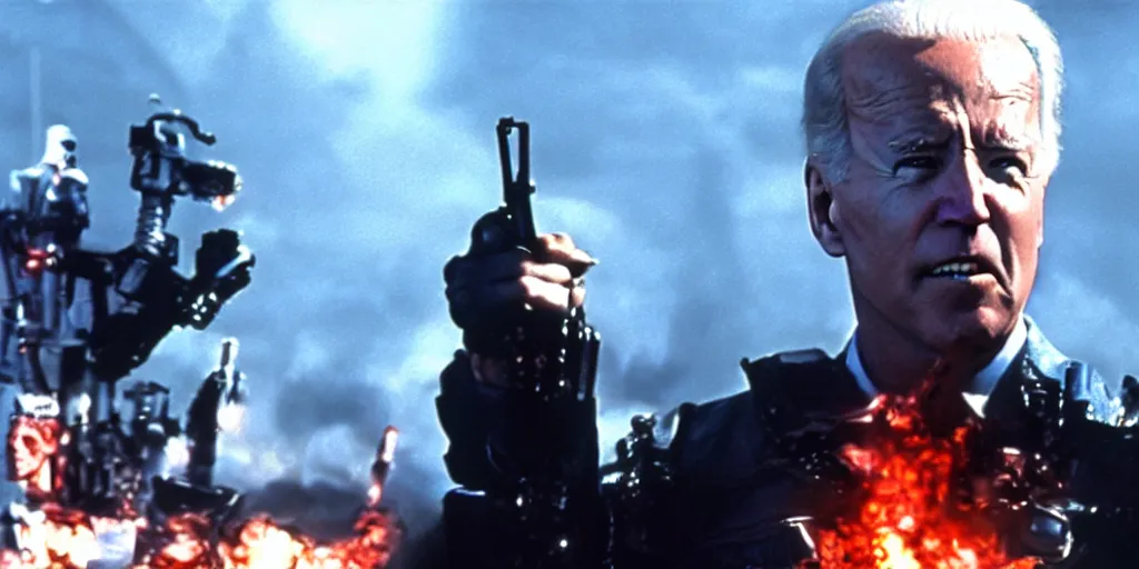 Prompt: joe biden in the terminator shooting terminator donald trump, cinematic, two characters, highly detailed, photorealistic, cinematic lighting, James Cameron,