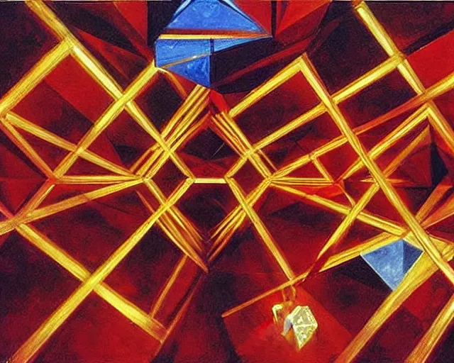 Prompt: painting by john singer sargent. hypercubes, tesseracts, three dimensional shadows of higher dimensional objects. diamonds and gold and bright red streaks of light. john singer sargent art style