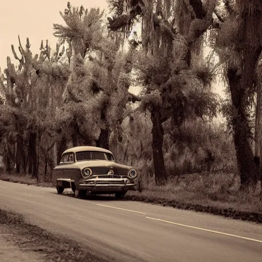 Prompt: car driving around ghost town, dreamy, night, darkness