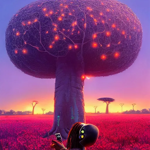 Prompt: an african cyberpunk hacker girl with her headset plugged into a giant glowing baobab tree in the middle of a field of flowers at sunset, by greg rutkowski and android jones in a surreal cyberpunk! style, oil on canvas, 8k hd,