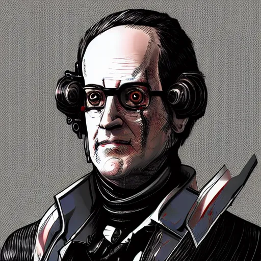 Image similar to cyberpunk benjamin franklin as the leader of a futuristic communist society, cybernetics, sharp lines, digital, artstation, colored in