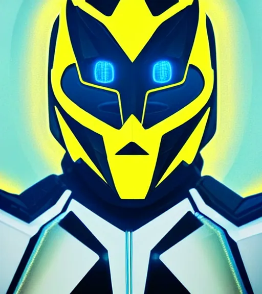 Image similar to symmetry!! yellow ranger, lightning - bolt - shaped eyes!!, hard edges, product render retro - futuristic poster scifi, lasers and neon circuits, yellow ranger, thunder, lightning, intricate, elegant, highly detailed, digital painting, artstation, concept art, smooth, sharp focus, illustration, dreamlike, art by artgerm