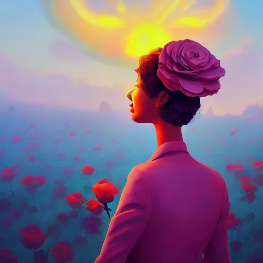 Image similar to closeup, giant rose flower as a head, frontal, girl in a suit, surreal photography, sunrise, dramatic light, impressionist painting, digital painting, artstation, simon stalenhag