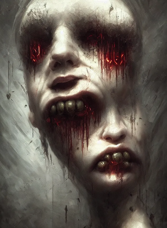 Image similar to a face portrait of a creature invoking fear, art by greg rutkowski, silent hill, horror setting, dark lighting, matte painting, trending on artstation, very detailed