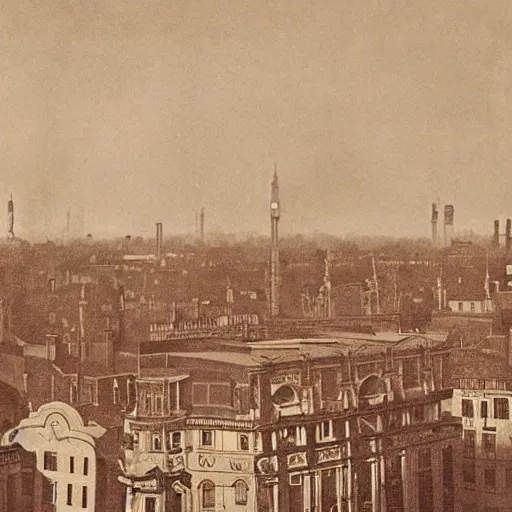 Image similar to the kind of London other Londons dream: sepia tinted, skies strung with dirigibles, the viciousness of empire acknowledged only as a rosy backdrop glow redolent of spice and petalled sugar, 1900 photo