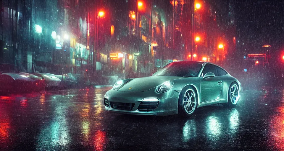 Image similar to close up macro shot of a porsche 9 1 1 car on wet city street at night, intricate, hyper detailed, smooth, high contrast, neon, volumetric lighting, octane, moebius, greg rutkowski, blade runner, ripley scott, cindmatic