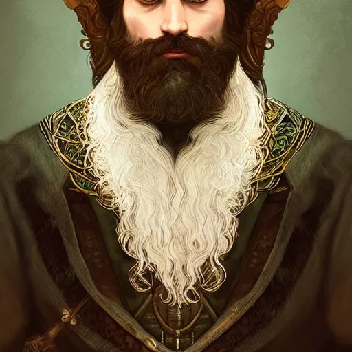 Image similar to portrait of a bearded male bard, D&D, fantasy, intricate, elegant, highly detailed, digital painting, artstation, concept art, smooth, sharp focus, illustration, art by artgerm and greg rutkowski and alphonse mucha