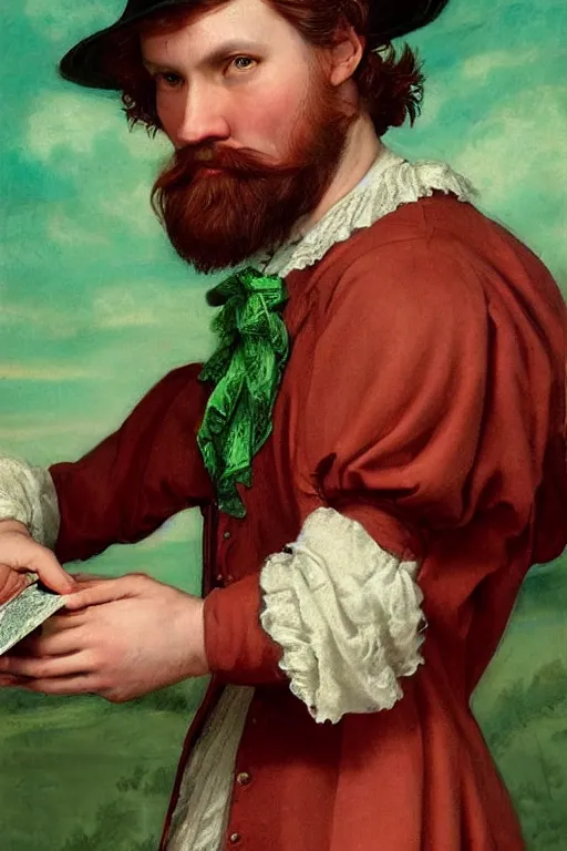 Prompt: intricate beautiful medium - shot, the card player man with short trimmed reddish beard ( ( ( no mustache ) ) ), blonde reddish hair, in green and pink clothes of 1 7 th century, matte painting, renaissance painting, by paul sezanne by leyendecker, by artgerm, rutkowskyi