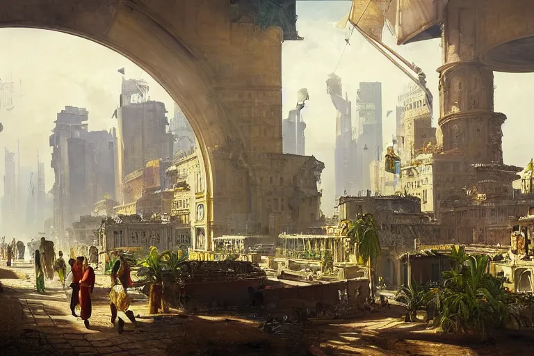 Image similar to a futuristic city in summer painted by Ludwig Deutsch and Rudolf Ernst, solarpunk,strong dramatic cinematic lighting, smooth, sharp focus, extremely detailed