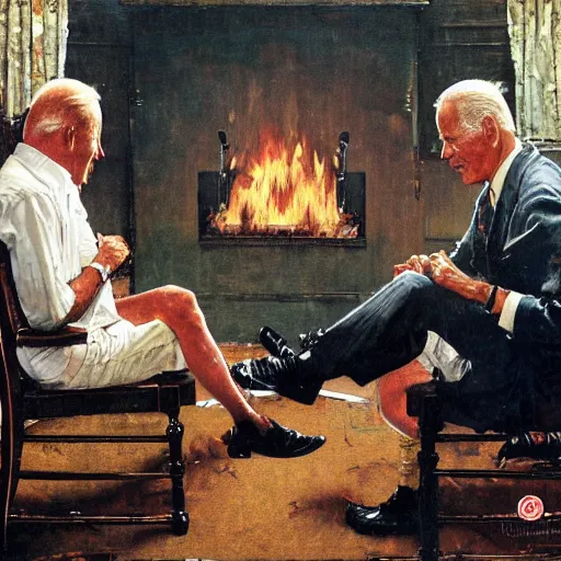 Image similar to a portrait painting by Norman Rockwell of Joe Biden sitting in a chair. Cozy fire. Legs crossed