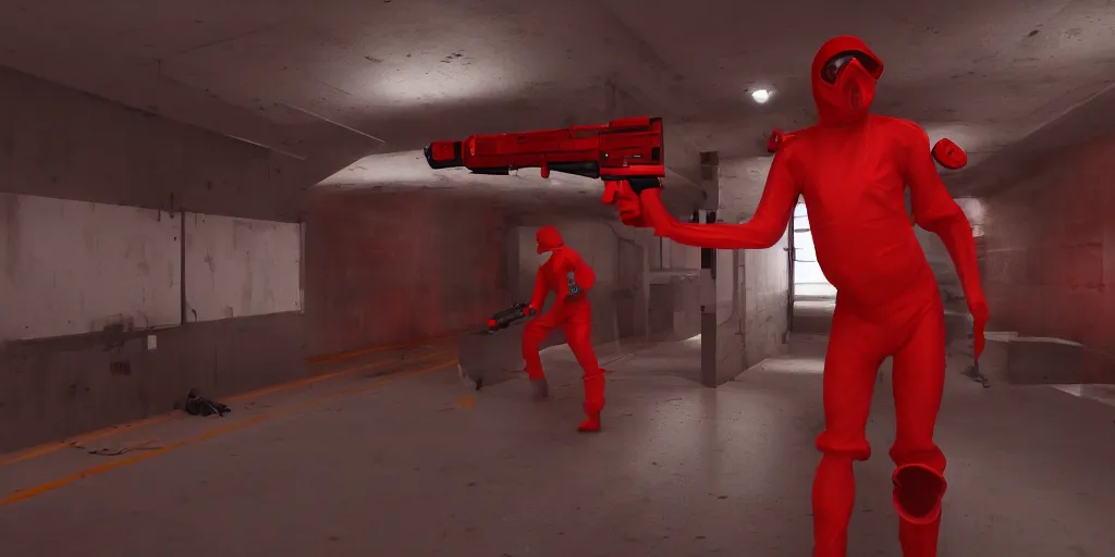 Image similar to red hazmat holding a minimalist shotgun, in an underground facility, sterile, MC Escher style architecture, human farm, action shot, cinematic, unreal engine, concept art