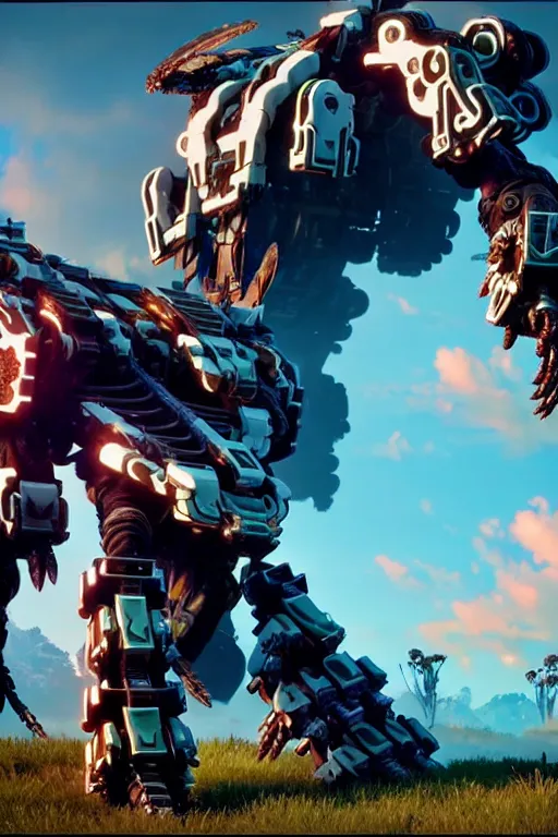 Image similar to a cinematic still from horizon zero dawn, full body mech, armored core, intact humanoid servo, octane render, nvidia raytracing demo, masterpiece, aged armor plating, decipticon armor plating, aggressive head, endoekeleton exposure