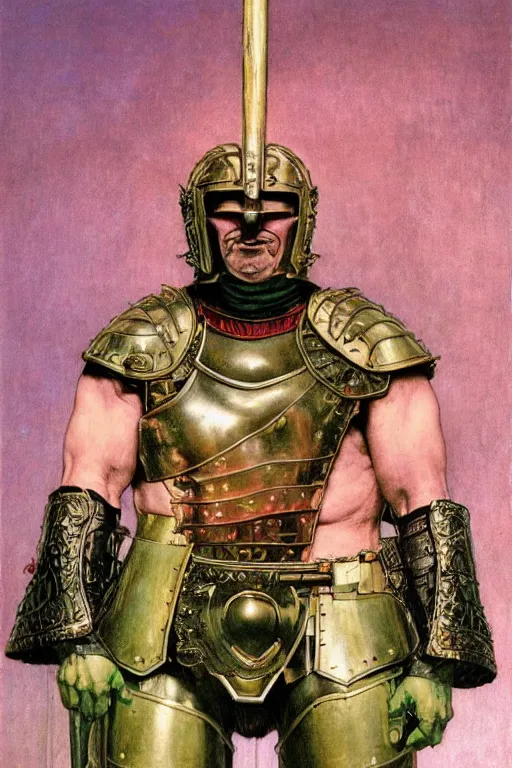 Prompt: head and torso portrait of jocko willink as huge warrior wearing plate armour and cape, dynamic action, pink and green, by lawrence alma tadema and zdzislaw beksinski and norman rockwell and tom lovell and greg staples and john william waterhouse