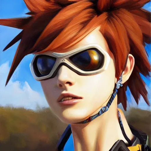 Image similar to oil painting of tracer overwatch in a field wearing thick spiked collar around neck, in style of greg rutkowski, expressive face, wearing choker, large steel collar, steel choker, wearing collar on neck, detailed face, detailed eyes, full body, feminine face, tracer overwatch,