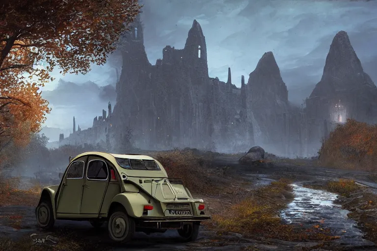 Image similar to offroad citroen 2 cv ( 1 9 6 5 ) of daedric design driving across the rift, daedric axe stored on the side of the car, leather and cloth traveller backpacks on roof, riften city in the background, epic fantasy, autumn, the elder scrolls v : skyrim, dramatic lighting, establishing shot, by simon stalenhag