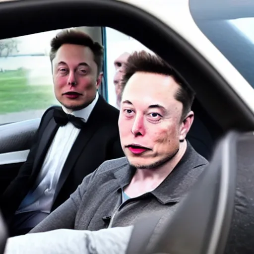 Prompt: Elon Musk driving a Rivian, Elon Musk Face seen through windshield