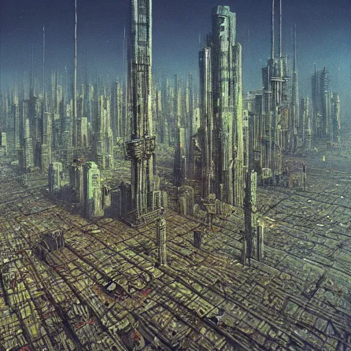 Image similar to giant dystopian cyberpunk city, stretching very far, apocalyptic, beksinski art style