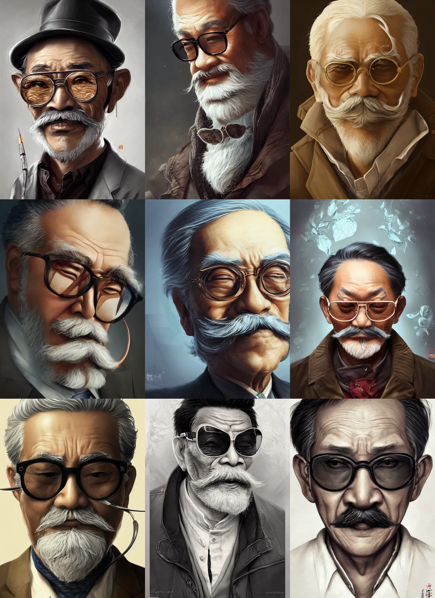 Prompt: asian old scientist, big moustache, sunglasses, intricate, elegant, digital painting, highly detailed, artstation, sharp focus, illustration, artgerm, aleksi briclot, rutkowski