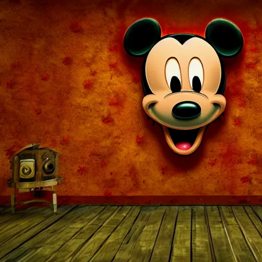 Prompt: big mickey mouse head in abandomed red workshop, creepy atmopshere, realistic, 8 k, detailed, art, lab,