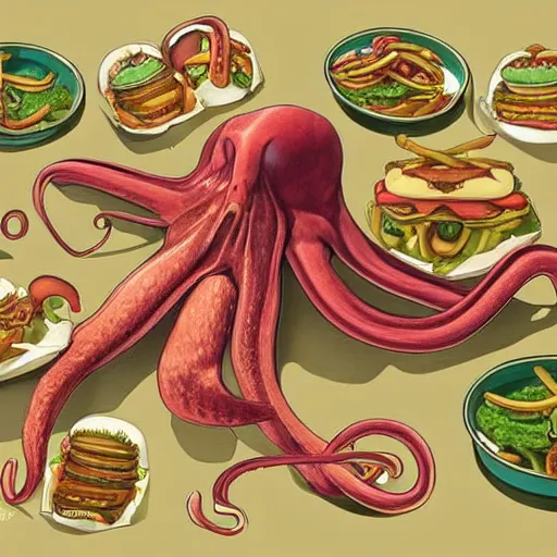 Image similar to a beautiful ultra detailed anatomical illustration of a giant squid holding many burgers, tentacles wrapped around burgers, artstation, 8 k