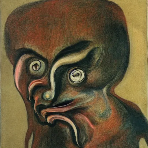 Prompt: four faced creature, drawn by francis bacon