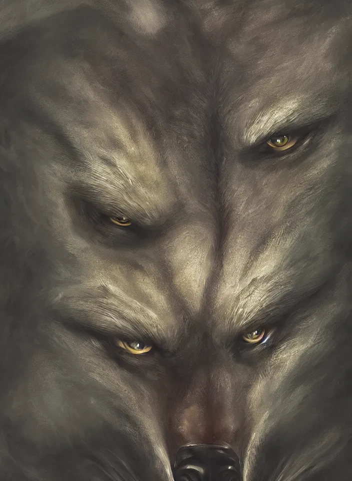 Image similar to a face portrait of a werewolf guarding the temperate forests from skyrim, fantasy setting, dark environment, serene colors, soft lighting, atmospheric, cinematic, moody, in the style of diego koi, gina heyer, luiz escanuela, art by alyssa monk, hyperrealism, rule of thirds, golden ratio, oil on canvas, 8 k