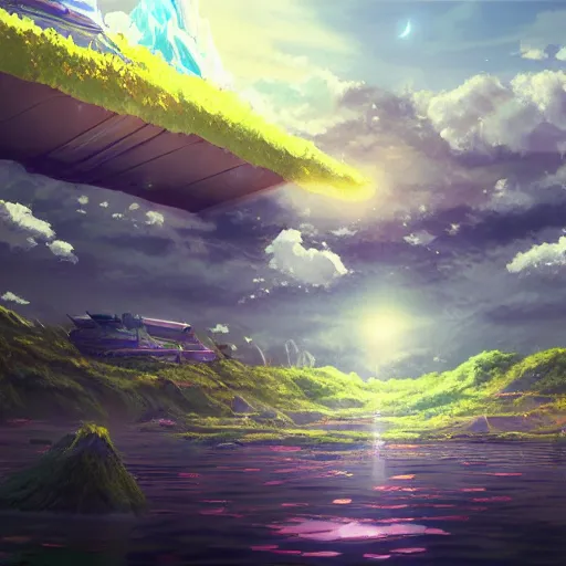 Image similar to anime portrait of ethereal floating island cities, wide shot, solarpunk, trending on artstation, studio ghibli
