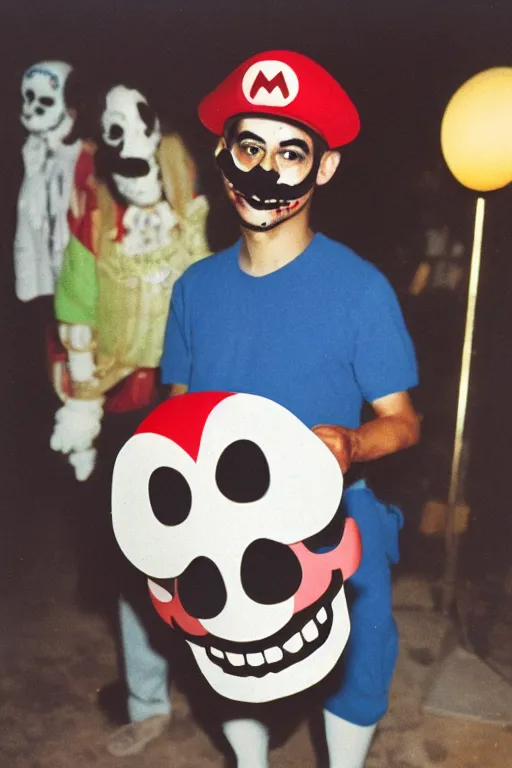 Prompt: 35mm photo of Mario from the video game Mario Bros., wearing a dia de los muertos mask light leaks, kodachrome