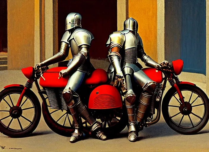 Prompt: attractive knight and his attractive male knight, they are in love sitting on a motorcycle, rome, highly detailed, soft lighting, elegant, works by gaston bussier, edward hopper and james gillard, zdislaw beksinski, stephen outram, andreas m wiese, highly detailed