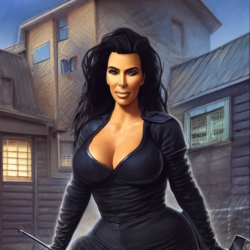 Image similar to kim kardashian as a cop, police uniform, full body view, full pov, haunted house interior, pretty, aesthetic, dust molecules, matte detailed photo, DeviantArt, Artstation, by donato giancola, ralph horley, loish, cinematic lighting