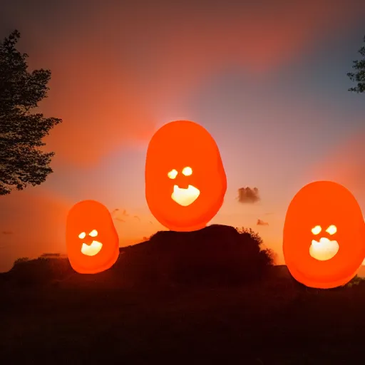 Image similar to a wide angle photo of three small orange glowing people rising into the sky, far away, inspiring, beautiful, brightly colored, paranormal