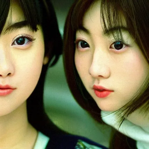 Image similar to 1990s, unbelievably beautiful, perfect, dynamic, epic, cinematic 8K HD movie shot of two semi-close-up japanese beautiful cute young J-Pop idols actresses girls, they express joy and posing together. By a Chinese movie director. Motion, VFX, Inspirational arthouse, high budget, hollywood style, at Behance, at Netflix, with Instagram filters, Photoshop, Adobe Lightroom, Adobe After Effects, taken with polaroid kodak portra