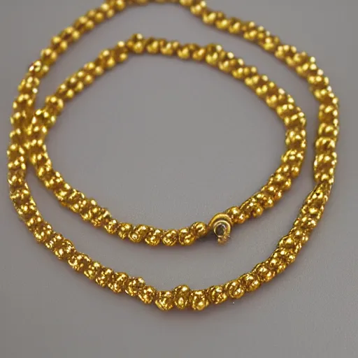 Image similar to a studio photoshoot of a Gold Beaded Chain designed by Tom Sachs, realistic, color film photography by Tlyer Mitchell, 35 mm, graflex