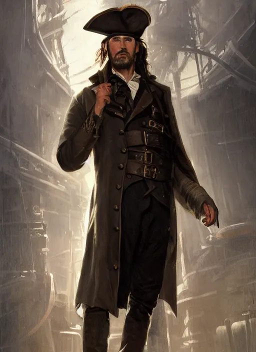 Image similar to portrait of a 1 9 th century pirate in a trenchcoat standing on the deck of a ship, victorian, concept art, detailed face, fantasy, highly detailed, cinematic lighting, digital art painting by greg rutkowski