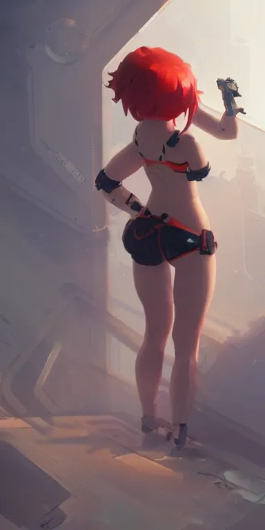 Prompt: concept art of young cute redhead cyborg robot woman with curvaceous body wearing shorts and bikini illustration illustration concept art anime by wlop and greg rutkowski and studio ghibli and kyoto animation