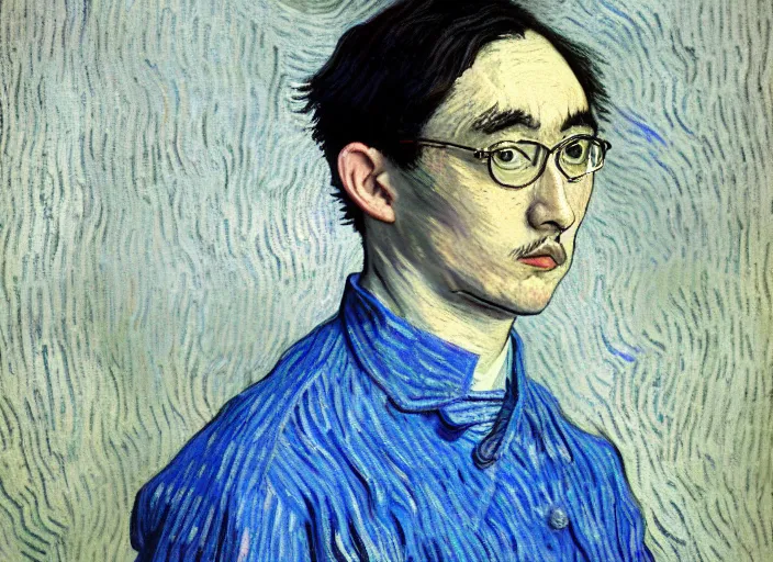 Prompt: Filthy Frank wearing blue dirty spaghetti stained dress shirt, rule of thirds, accurately portrayed, portrait art by Vincent van Gogh, highly detailed, digital painting, concept art, illustration, ethereal lighting with twilight rays of sunlight, trending on artstation, very detailed, smooth, sharp focus, octane render, close up