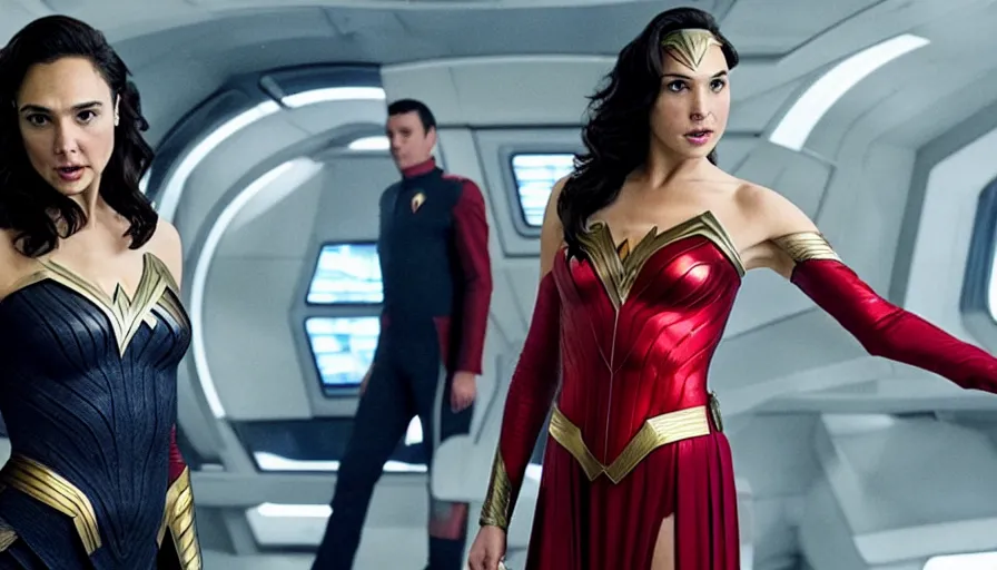 Image similar to Gal Gadot, wearing command red, is the captain of the starship Enterprise in the new Star Trek movie