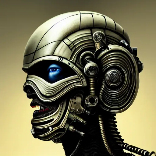 Image similar to ultra realistic, intricate detailed, painting of a single rugged cyborg male in helmet, helmet in form of star, bearded face, cyborg tech on body, symmetry accurate features, cyberpunk, industrial, very intricate details, focus, high resolution, 4 k, artstyle h. r. giger and hiraku tanaka