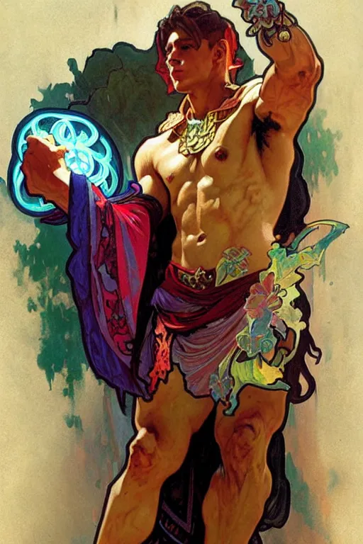 Image similar to A mage wearing colorful clothes, muscular, fantasy, holding a skull, painting by greg rutkowski and alphonse mucha