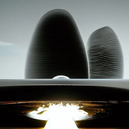 Prompt: a surreal worms's eye view photo of a large minimalist space transport vehicle, by architect Zaha Hadid, launching from a modern wavy minimalist space launch pad, smoke and flames from the engines blanketing the area, bright ignition, clear sky background, full-shot, a still photograph from NASA, very, very, very, very, very, beautiful photo