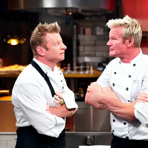 Prompt: jamie oliver fighting gordon ramsey, photo