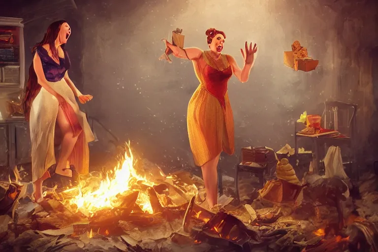 Image similar to a crazy housewife opera singer hurries up to pack daughter's things, surrounded with fire, clothes are flying around, digital art, trending on artstation