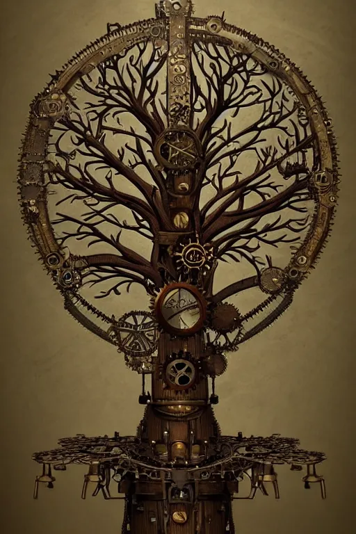 Prompt: a tree, steampunk style, intricate, elegant, highly detailed, smooth, sharp focus, artstation