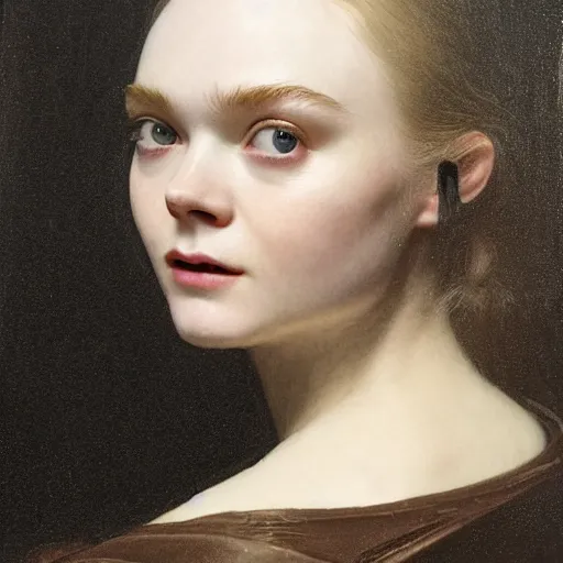 Prompt: Elle Fanning’s face against the mirror in the world of Rembrandt, head and shoulders portrait, stormy weather, extremely detailed masterpiece, oil on canvas, low-key neon lighting, artstation, Blade Runner 2049, Roger Deakin’s cinematography, by J. C. Leyendecker and Peter Paul Rubens and Edward Hopper and Michael Sowa,