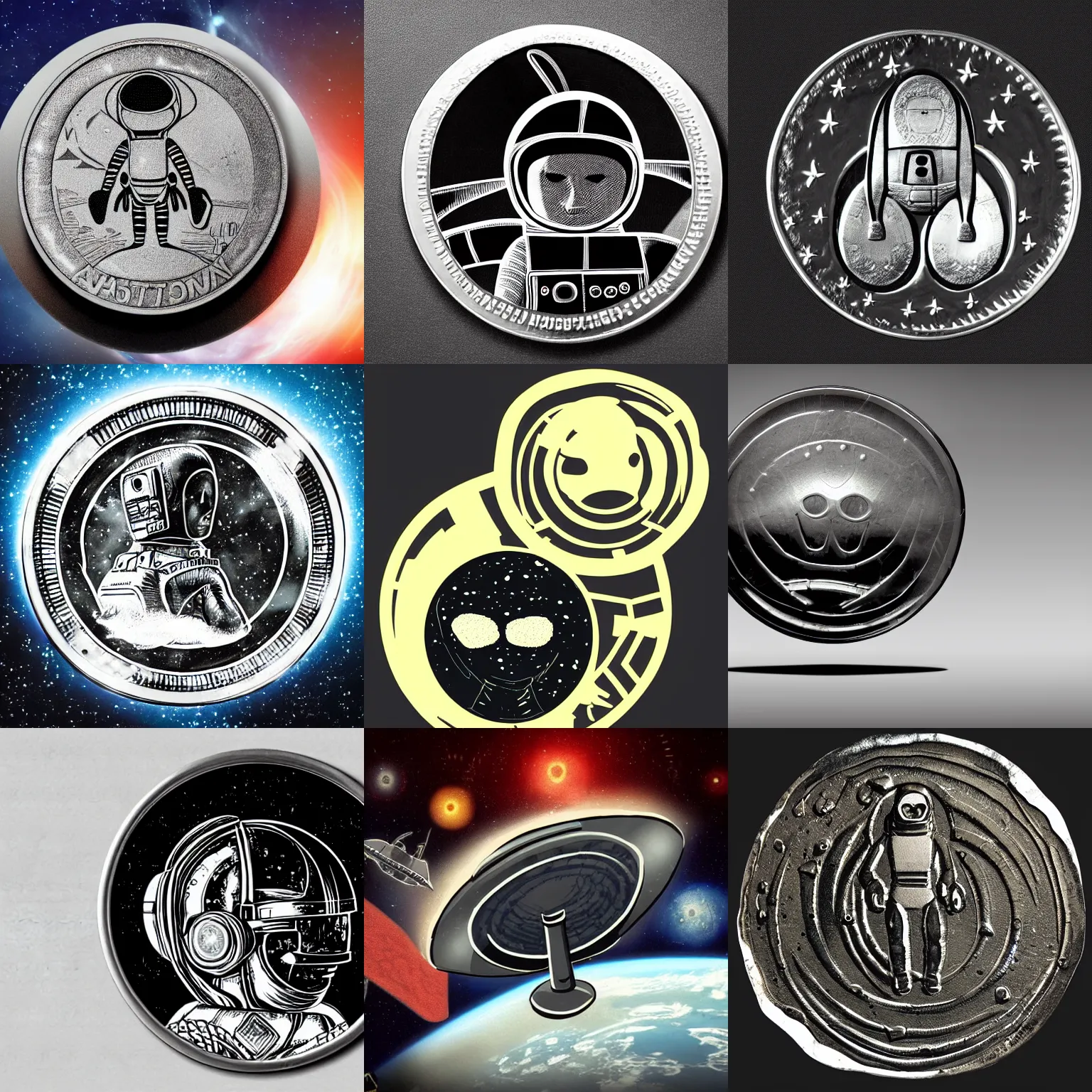 Prompt: an alien or ufo or astronaut on a big ancient metal coin over a black background