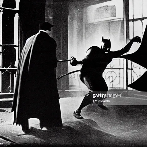 Image similar to old black and white photo, 1 9 2 5, depicting batman fighting a mafia boss in an ally of new york city, rule of thirds, historical record